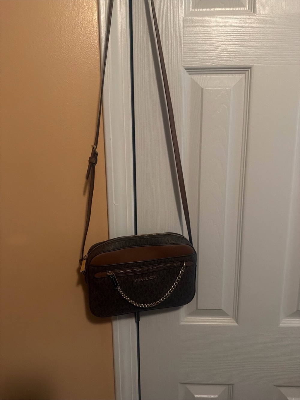 Michael Kors Brown and Tan Crossbody Camera Bag with Chain Detail